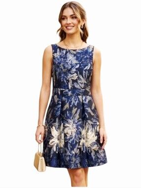 Jessica Howard Blue Floral Fit & Flare Cocktail Dress Sleeveless Size 12 EUC